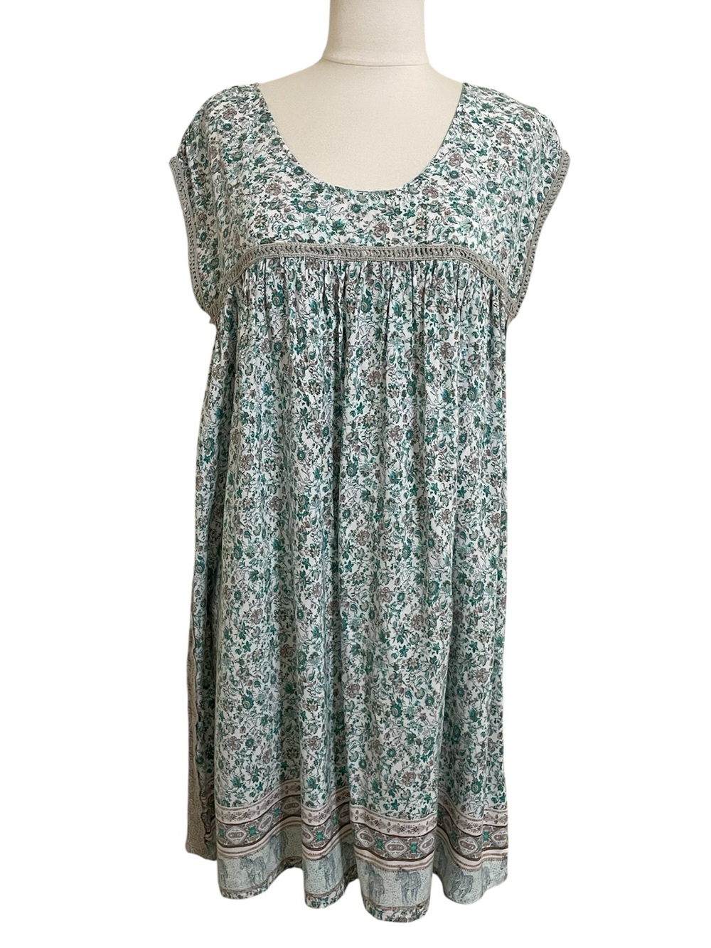 ODDY Green Floral Print Zebras Hem Print Cottagecore Mini Dress Lace Trim Med